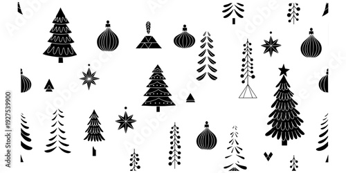 Black and white Christmas icons, festive holiday trees, decorative ornaments, geometric stars, seasonal winter design, modern graphic motif, flat vector illustration
