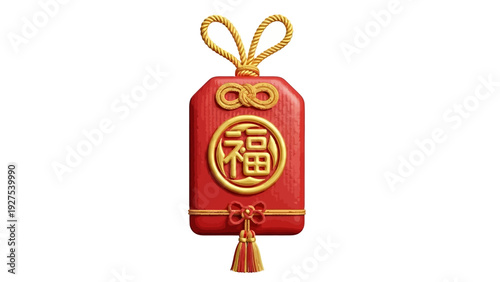 Vibrant red traditional good luck charm or amulet, featuring a golden 'Fu' character, symbolizing prosperity and blessings for cultural celebrations and festive occasions