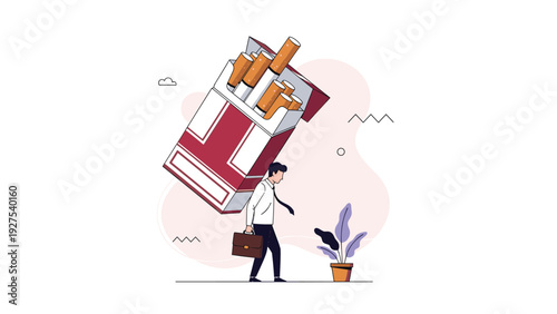 Stressed man in a shirt and tie carrying a giant pack of cigarettes representing the heavy burden of smoking addiction.