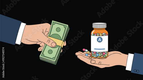 Two hands exchanging a stack of dollar bills for a bottle of prescription medication pills over a dark background.