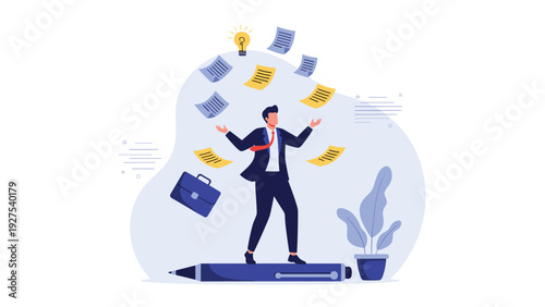 Businessman juggling papers and documents while balancing on a giant pen with a bright light bulb idea above his head.