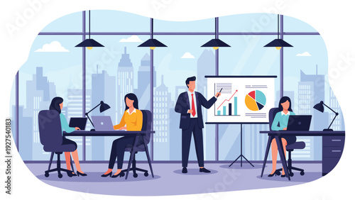 Team of professional business people working in a modern office with a city view while a leader gives a presentation.