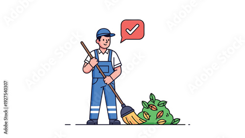 Friendly street cleaner or janitor in a blue uniform holding a broom next to a pile of fallen leaves with a checkmark.