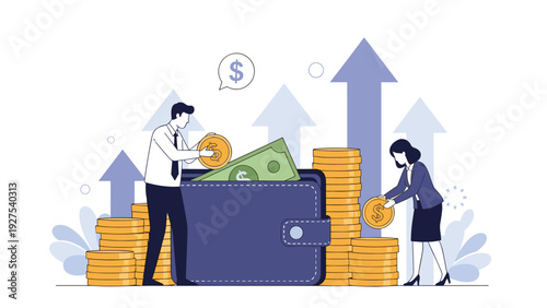 Man and woman adding gold coins and paper cash to a giant leather wallet surrounded by rising stacks of money coins.