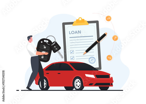 Car Loan Approval Concept with Vehicle and Contract stock illustration.