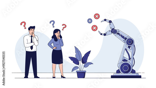 Confused man and woman looking at a large industrial robotic arm sorting red and blue icons with white cross marks.