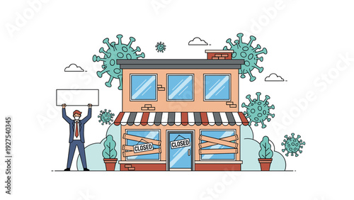 Business owner standing in front of his closed store that has been boarded up due to a viral pandemic virus outbreak.