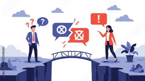 Man and woman standing on opposite sides of a broken bridge over a chasm trying to communicate through speech bubbles.