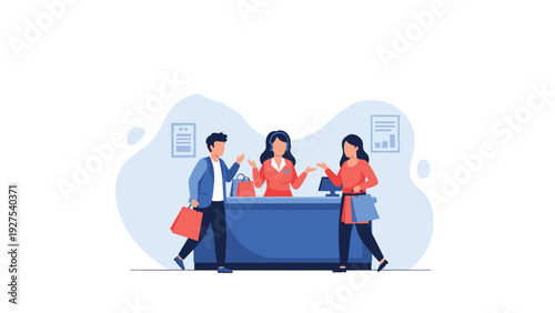 Customers arguing with a female customer service representative at a blue service counter in a retail store shop.