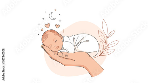 Tender hand holding a sleeping newborn baby wrapped in a white blanket with decorative leaves and a crescent moon.
