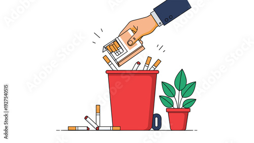 Professional hand in a business suit throwing a pack of cigarettes into a red trash can to quit smoking for health.