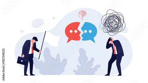 Two businessmen standing in despair next to broken speech bubbles representing a failure in communication and conflict.