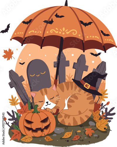 Pixel Art Halloween Orange Cats Sleeping Under Umbrella With Pumpkin