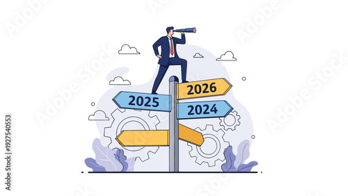 Future signpost with arrows for 2024 and 2025 where a businessman looks through a telescope to plan ahead in time.