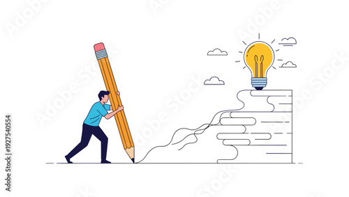 Creative person using a giant pencil to draw a set of stairs leading up to a glowing light bulb representing an idea.