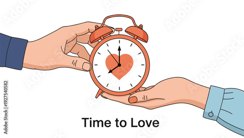Two hands holding a red alarm clock with a heart on the face and the text time to love written clearly at the bottom.