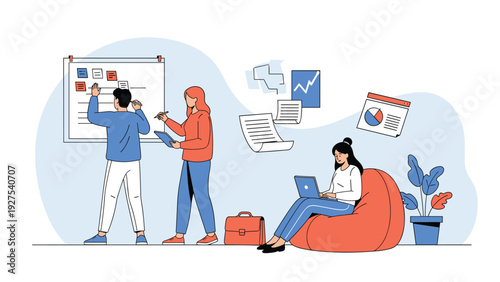 Diverse team of professionals collaborating on a creative project using a whiteboard while a coworker works on a laptop nearby.