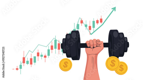 Financial strength and market resilience represented by a strong hand lifting a heavy dumbbell against a bullish stock chart.