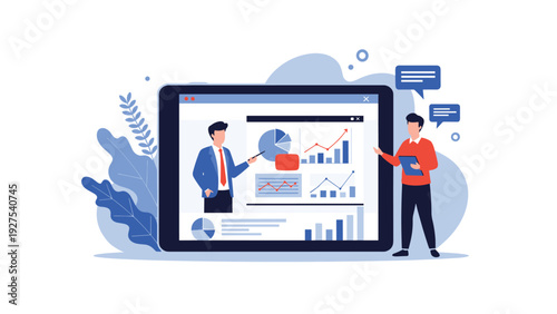 Business professional presenting detailed data analytics and financial reports on a large digital tablet during a formal meeting.