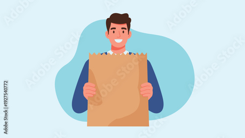 Happy young man holding a large brown paper bag representing grocery shopping, delivery, or sustainable food packaging solutions.