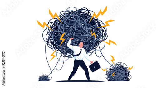 Stressed businessman struggling to carry a massive tangled ball of problems and complexities in his professional career.