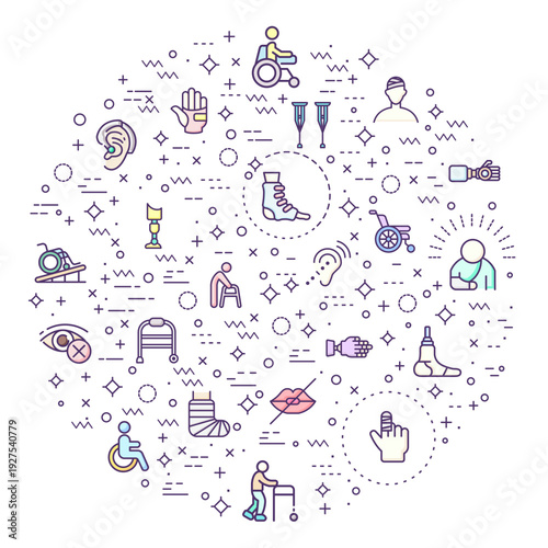 Simple Set of Disability People Related Vector Illustration. Contains such Icons as Disabled health care, medical tools, equipment stick figure, crutches, wheelchair, cane, electric wheelchair