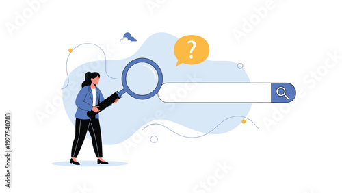 Professional woman using a large magnifying glass to conduct a detailed online search for information or job opportunities.