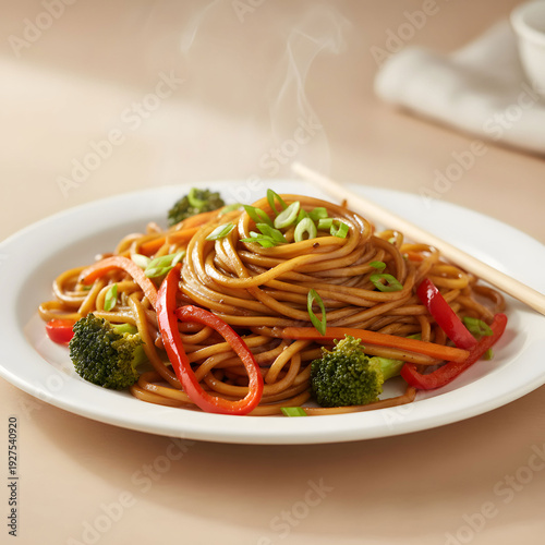 Stir fried yakisoba noodles with vegetable in vegan style