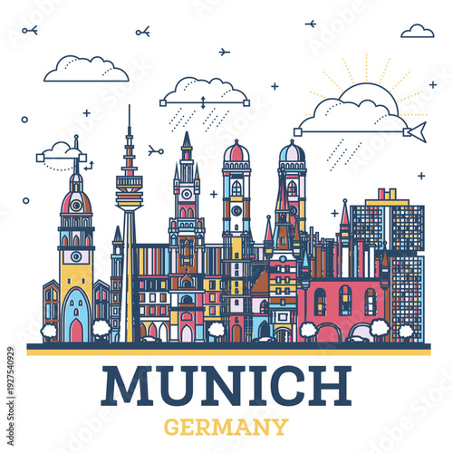 Outline Munich Germany city skyline with colored modern and historic buildings isolated on white. Illustration. Munich cityscape with landmarks.