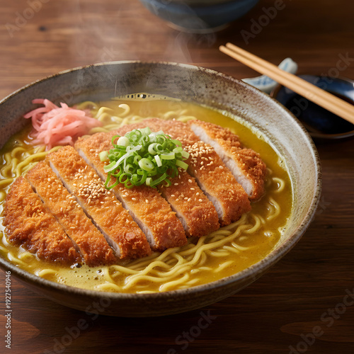 Curry ramen noodles with ton katsu fried pork cutlet