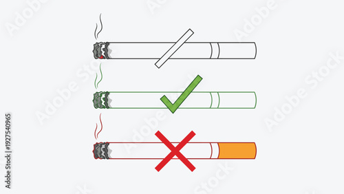 Health comparison showing three cigarettes with a line through, a checkmark, and a red cross representing smoking cessation.