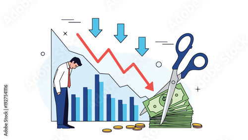 Frustrated businessman looking at a declining financial graph while giant scissors cut through a stack of cash and coins.