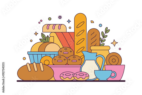 A colorful illustration of bread and baked goods with milk and cup