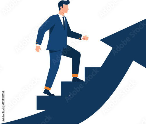 Dynamic professional in a suit ascending an upward arrow, symbolizing career growth, business development, and the successful pursuit of ambitious goals and future achievements