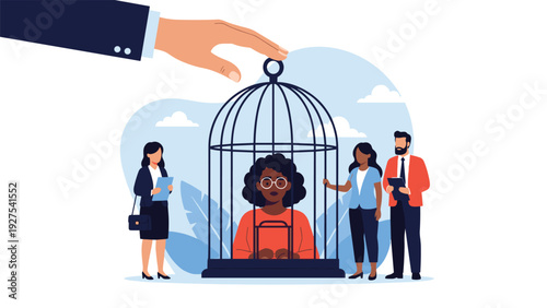 Woman feeling trapped in a cage at work while colleagues watch and a giant hand controls the situation from a higher level.