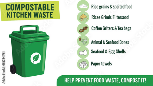 Compostable kitchen waste vector illustration, flat design graphic with green recycling bin and list of organic materials, scalable art for eco-friendly campaigns