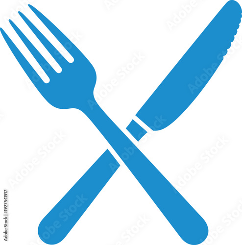 Blue icon of a crossed fork and knife isolated on a white background for restaurant or dining. Vector