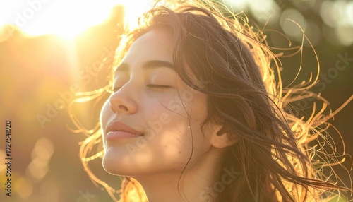 Woman Enjoying Nature with Eyes Closed.