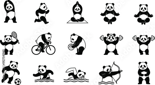 Cute panda sport activity icons set, black and white cartoon bear yoga fitness soccer swimming vector illustration collection