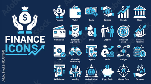 Collection of various business and communication icons in blue and black on a white background