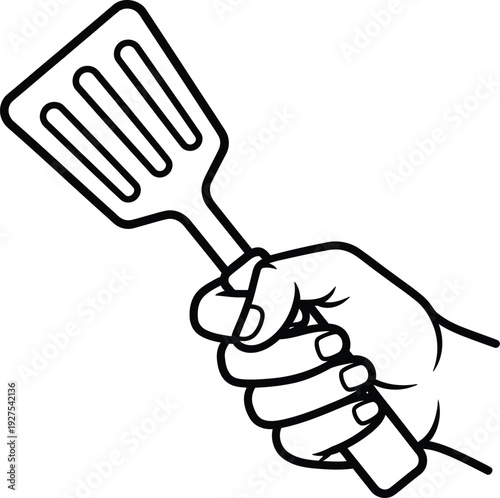 A simple line drawing of a human hand holding a kitchen spatula for cooking. Vector