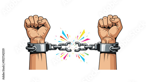 Powerful symbol of freedom and liberation showing a pair of heavy metal handcuffs being broken in two with colorful sparks.