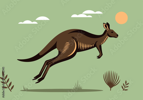 Pixel Art Kangaroo Jumping Across Green Field Under Orange Sun