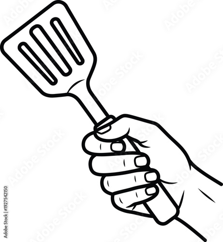 A simple black and white line drawing of a human hand holding a kitchen spatula utensil. Vector