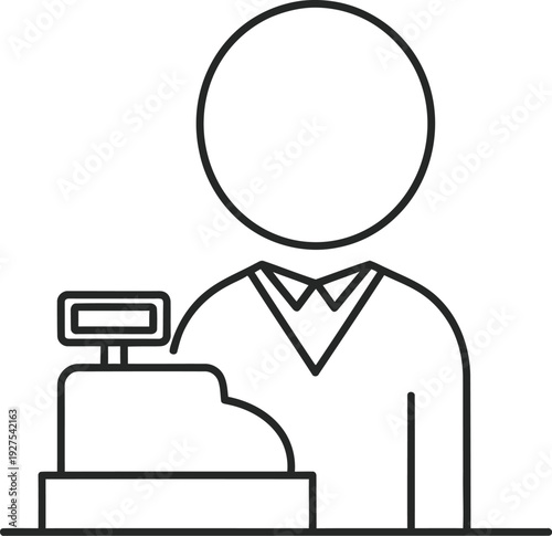 A simple black and white line icon of a person working as a cashier at a cash register machine. Vector