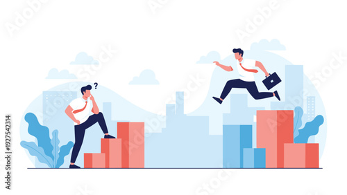 Competitive advantage and risk taking concept with a businessman jumping over a bar chart gap while another person stands behind in confusion.