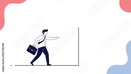 Business direction and decision making concept with a professional man carrying a briefcase and pointing towards a path beyond a vertical line.