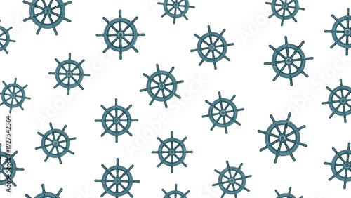 Seamless maritime pattern of vintage wooden ship steering wheels on a white background for nautical decor and sea travel themed designs.