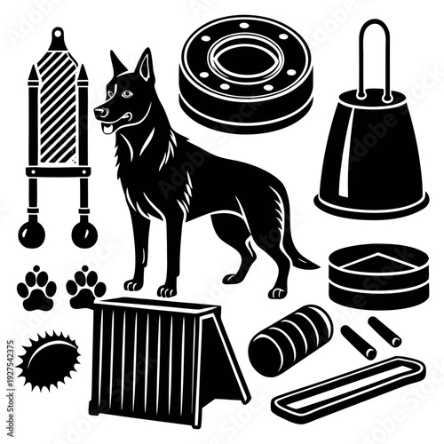 Black and White Vector Graphic Illustration of a German Shepherd Dog with Dog Training Equipment and Accessories on white background
