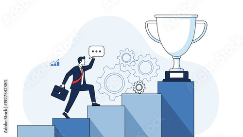 Success and career achievement concept showing a businessman climbing a blue podium of stairs towards a giant silver trophy cup for winning.